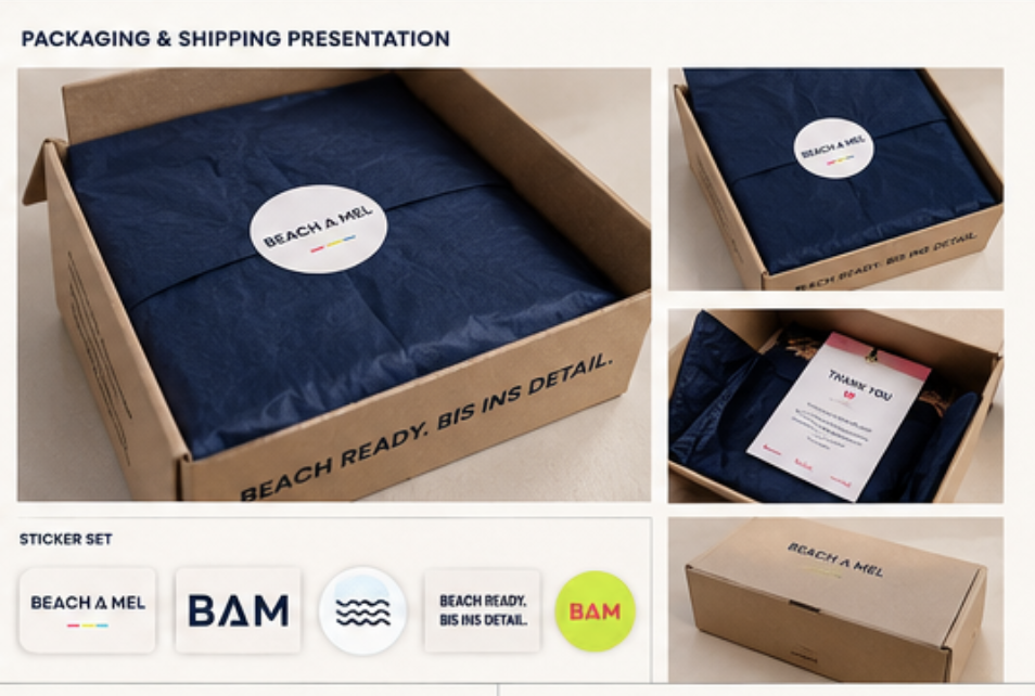 Photorealistische Packaging- und Shipping-Presentation mit Karton, navy Tissue, Stickern und Thank-you Card